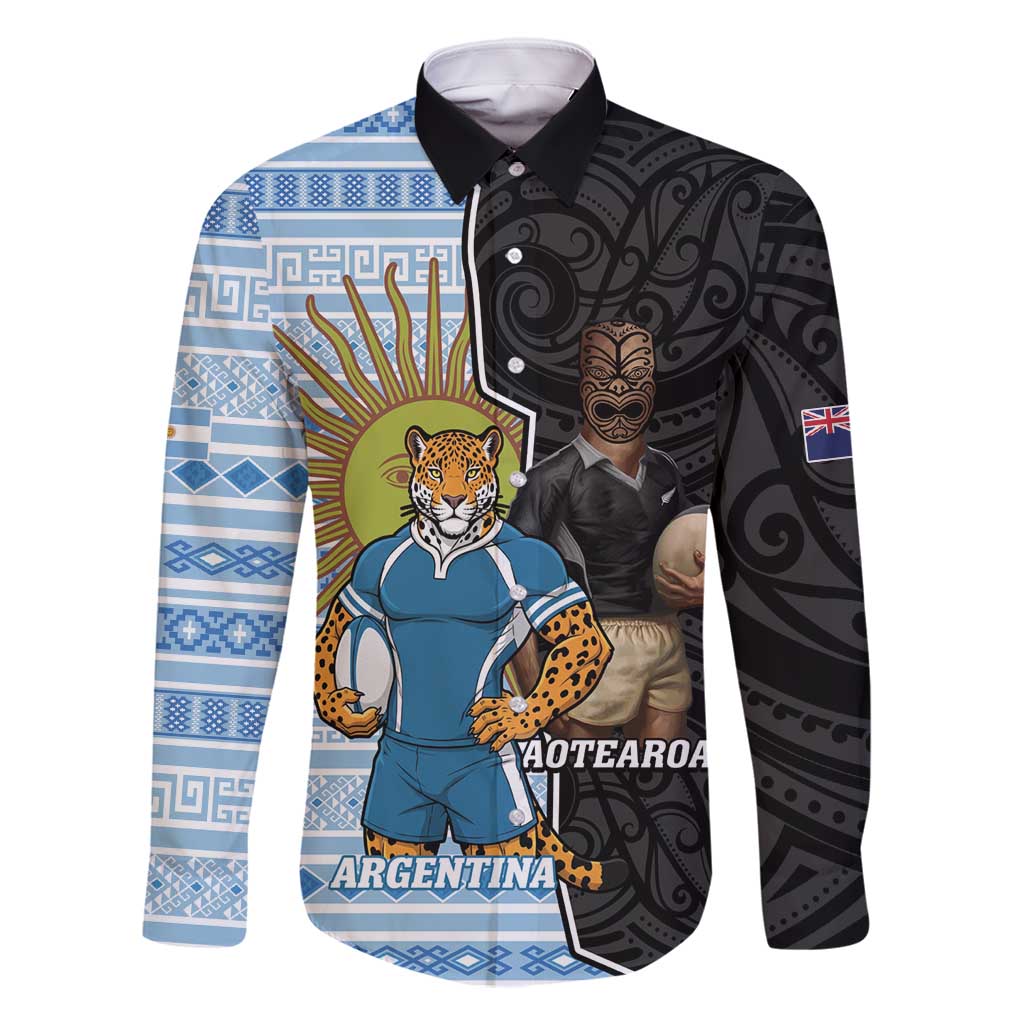 New Zealand Argentina Rugby Custom Family Matching Long Sleeve Bodycon Dress and Hawaiian Shirt 2025 Los Pumas All Black Together - Polynesian Pride