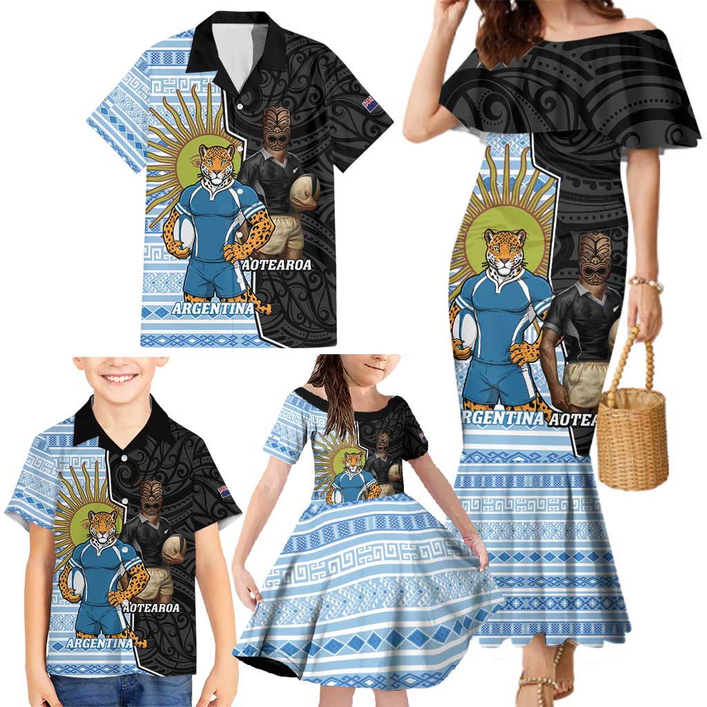 New Zealand Argentina Rugby Custom Family Matching Mermaid Dress and Hawaiian Shirt 2025 Los Pumas All Black Together - Polynesian Pride