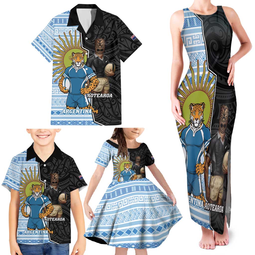 New Zealand Argentina Rugby Custom Family Matching Tank Maxi Dress and Hawaiian Shirt 2025 Los Pumas All Black Together - Polynesian Pride