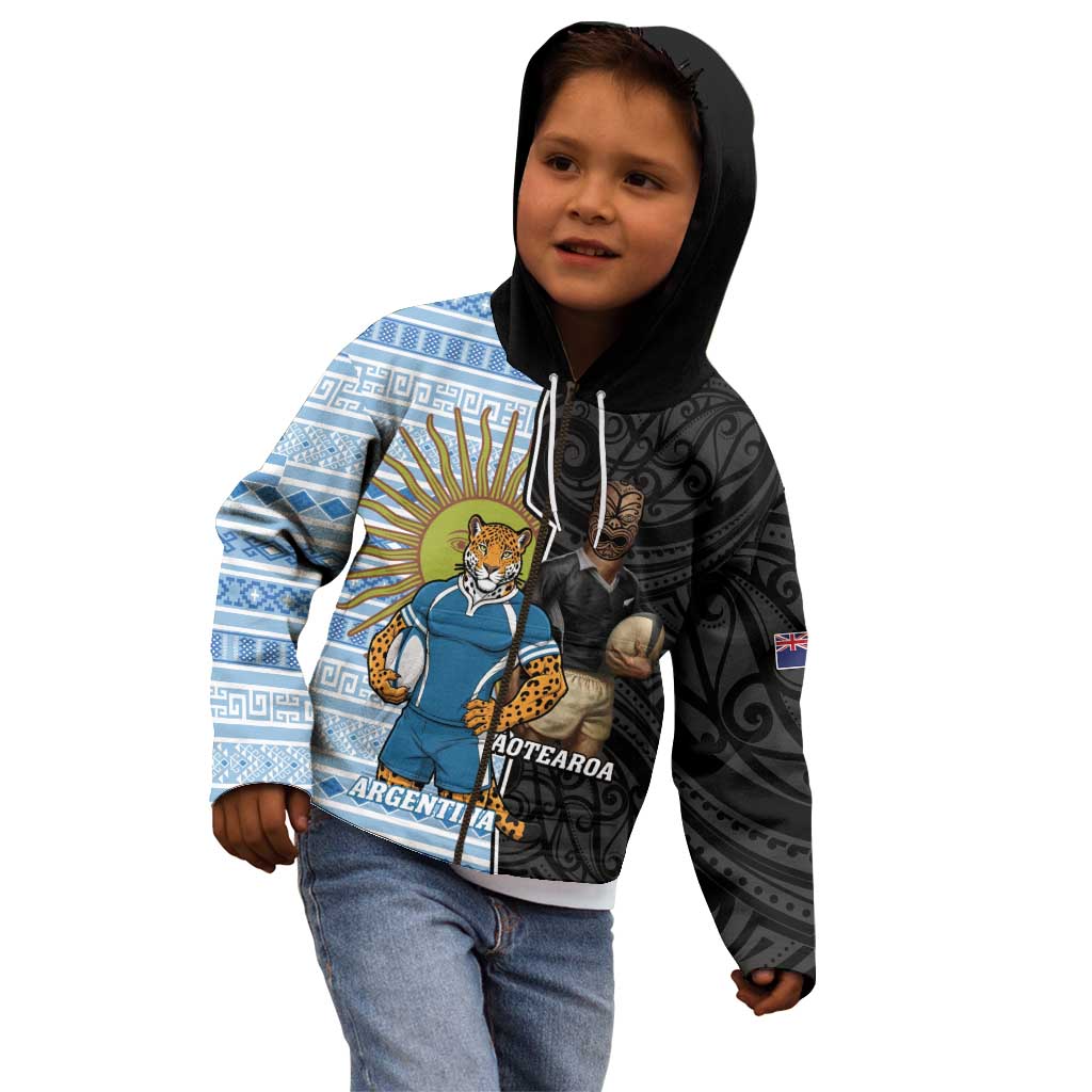 New Zealand Argentina Rugby Custom Kid Hoodie 2025 Los Pumas All Black Together - Polynesian Pride