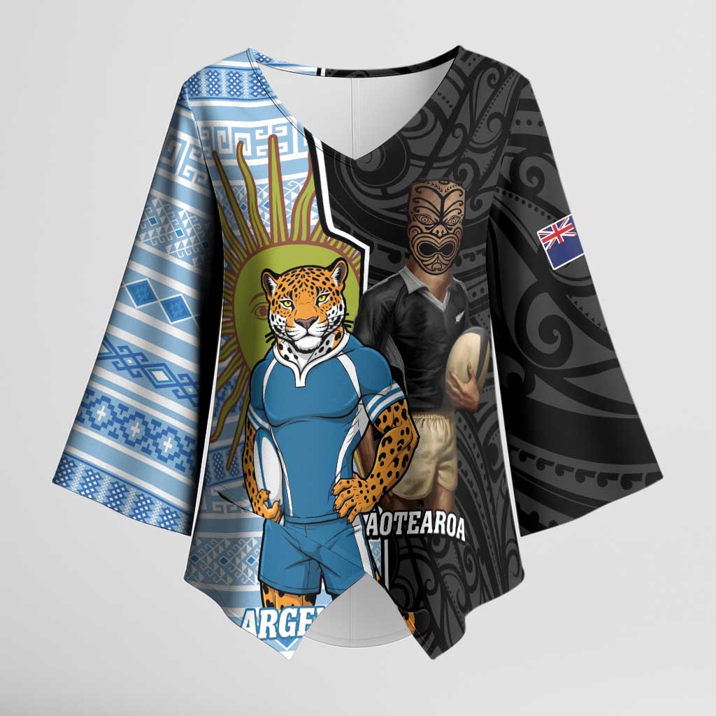 New Zealand Argentina Rugby Custom Kimono Sleeve Blouse 2025 Los Pumas All Black Together - Polynesian Pride