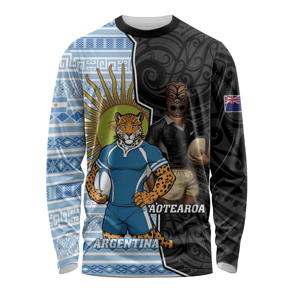 New Zealand Argentina Rugby Custom Long Sleeve Shirt 2025 Los Pumas All Black Together - Polynesian Pride