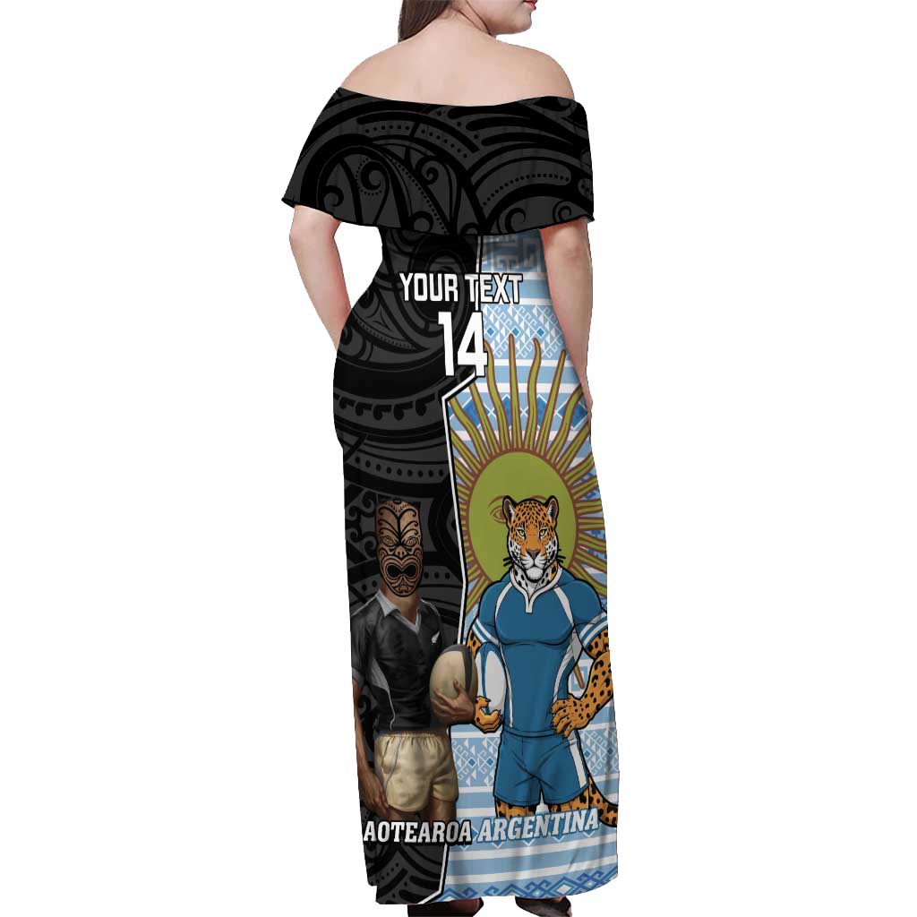 New Zealand Argentina Rugby Custom Off Shoulder Maxi Dress 2025 Los Pumas All Black Together - Polynesian Pride