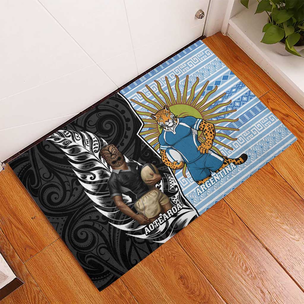 New Zealand Argentina Rugby Rubber Doormat 2025 Los Pumas All Black Together - Polynesian Pride