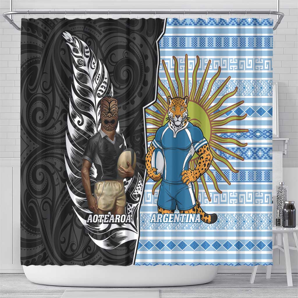 New Zealand Argentina Rugby Shower Curtain 2025 Los Pumas All Black Together - Polynesian Pride
