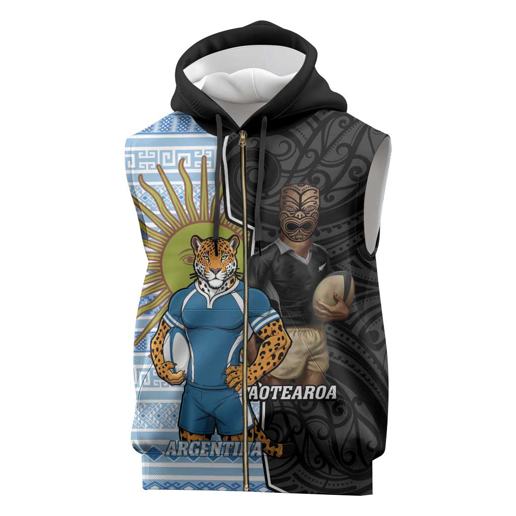New Zealand Argentina Rugby Custom Sleeveless Zip Hoodie 2025 Los Pumas All Black Together - Polynesian Pride