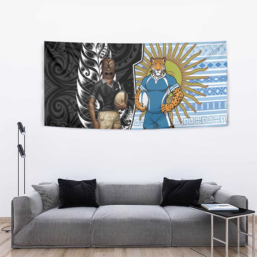 New Zealand Argentina Rugby Tapestry 2025 Los Pumas All Black Together - Polynesian Pride