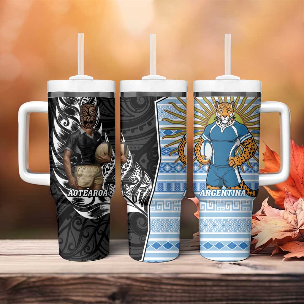 New Zealand Argentina Rugby Tumbler With Handle 2025 Los Pumas All Black Together - Polynesian Pride