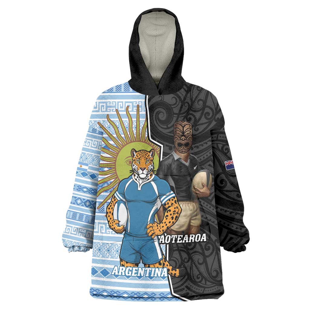 New Zealand Argentina Rugby Custom Wearable Blanket Hoodie 2025 Los Pumas All Black Together - Polynesian Pride