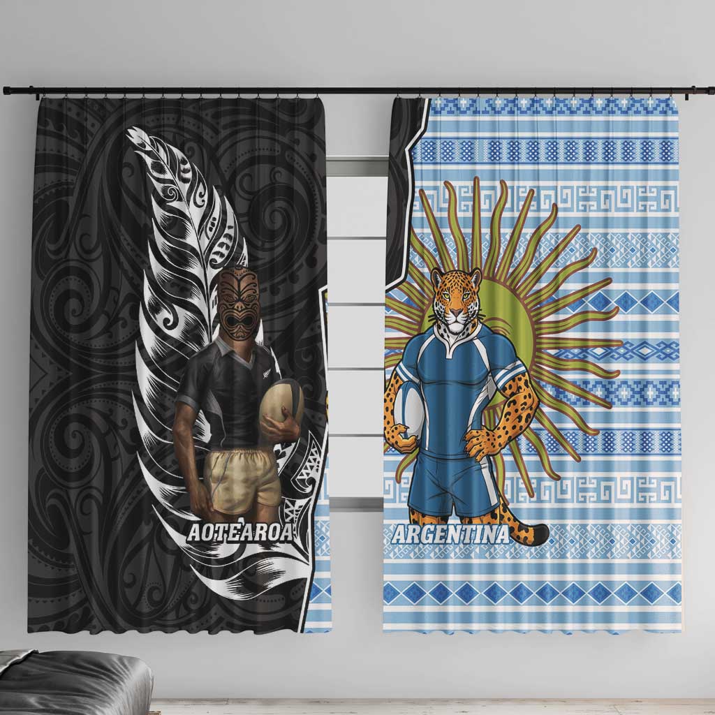 New Zealand Argentina Rugby Window Curtain 2025 Los Pumas All Black Together - Polynesian Pride