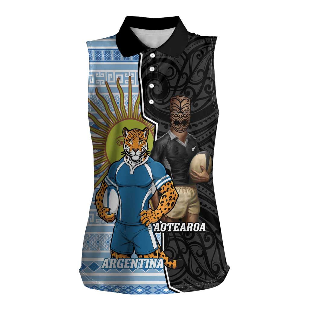 New Zealand Argentina Rugby Custom Women Sleeveless Polo Shirt 2025 Los Pumas All Black Together - Polynesian Pride