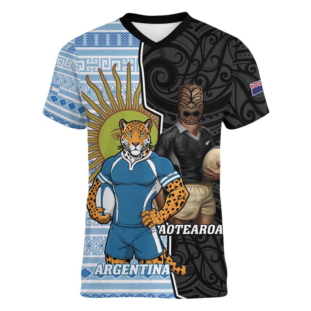 New Zealand Argentina Rugby Custom Women V-Neck T-Shirt 2025 Los Pumas All Black Together - Polynesian Pride