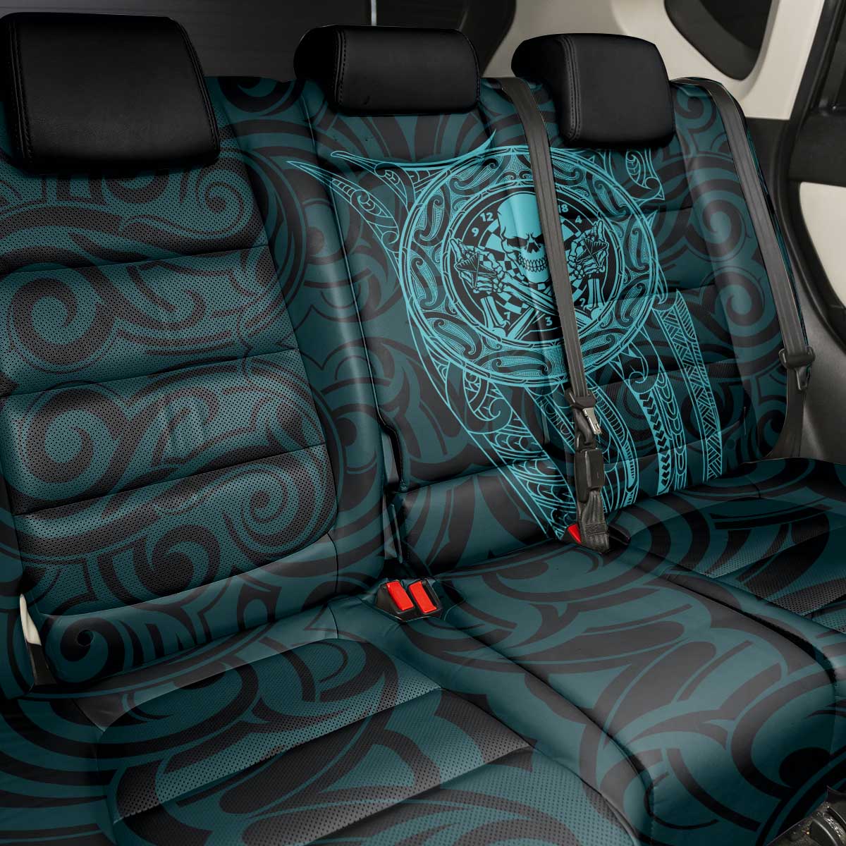 New Zealand Skull Darts Back Car Seat Cover Aotearoa Maori Chest Tattoo Stylized Teal - Polynesian Pride