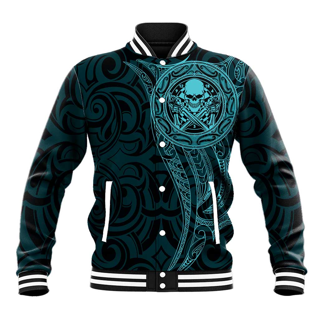 New Zealand Skull Darts Baseball Jacket Aotearoa Maori Chest Tattoo Stylized Teal - Polynesian Pride