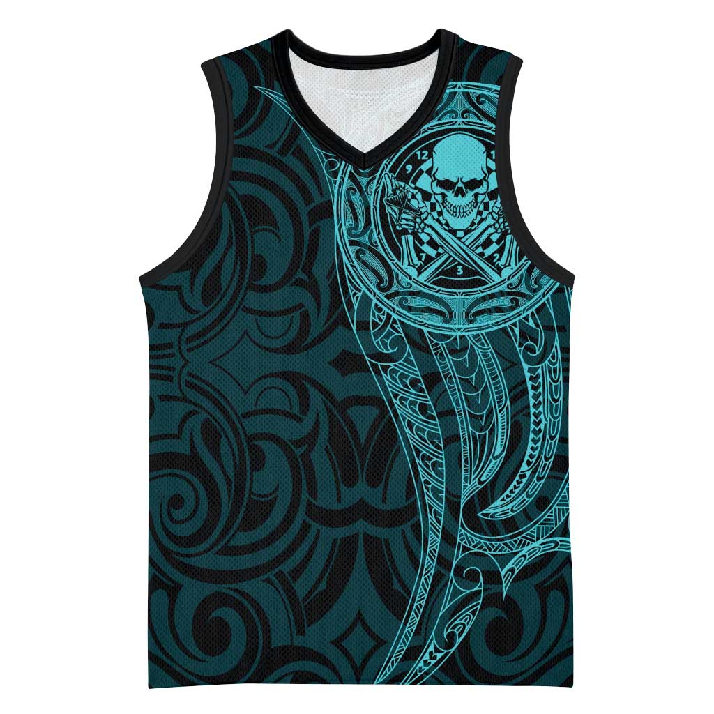 New Zealand Skull Darts Basketball Jersey Aotearoa Maori Chest Tattoo Stylized Teal - Polynesian Pride
