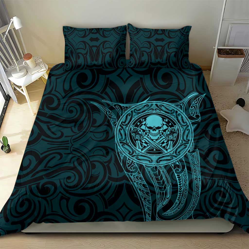 New Zealand Skull Darts Bedding Set Aotearoa Maori Chest Tattoo Stylized Teal - Polynesian Pride