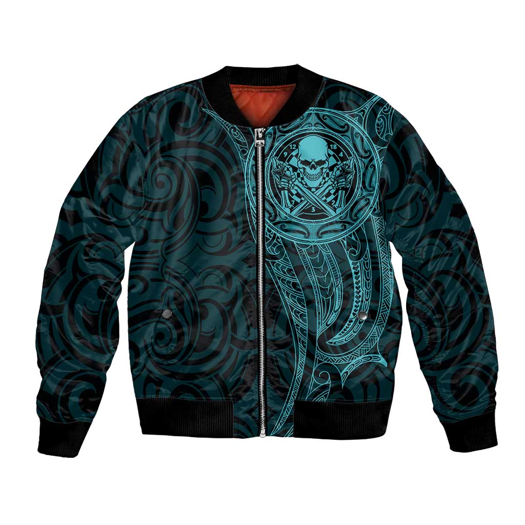 New Zealand Skull Darts Bomber Jacket Aotearoa Maori Chest Tattoo Stylized Teal - Polynesian Pride