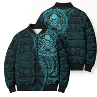 New Zealand Skull Darts Bomber Puffer Jacket Aotearoa Maori Chest Tattoo Stylized Teal - Polynesian Pride