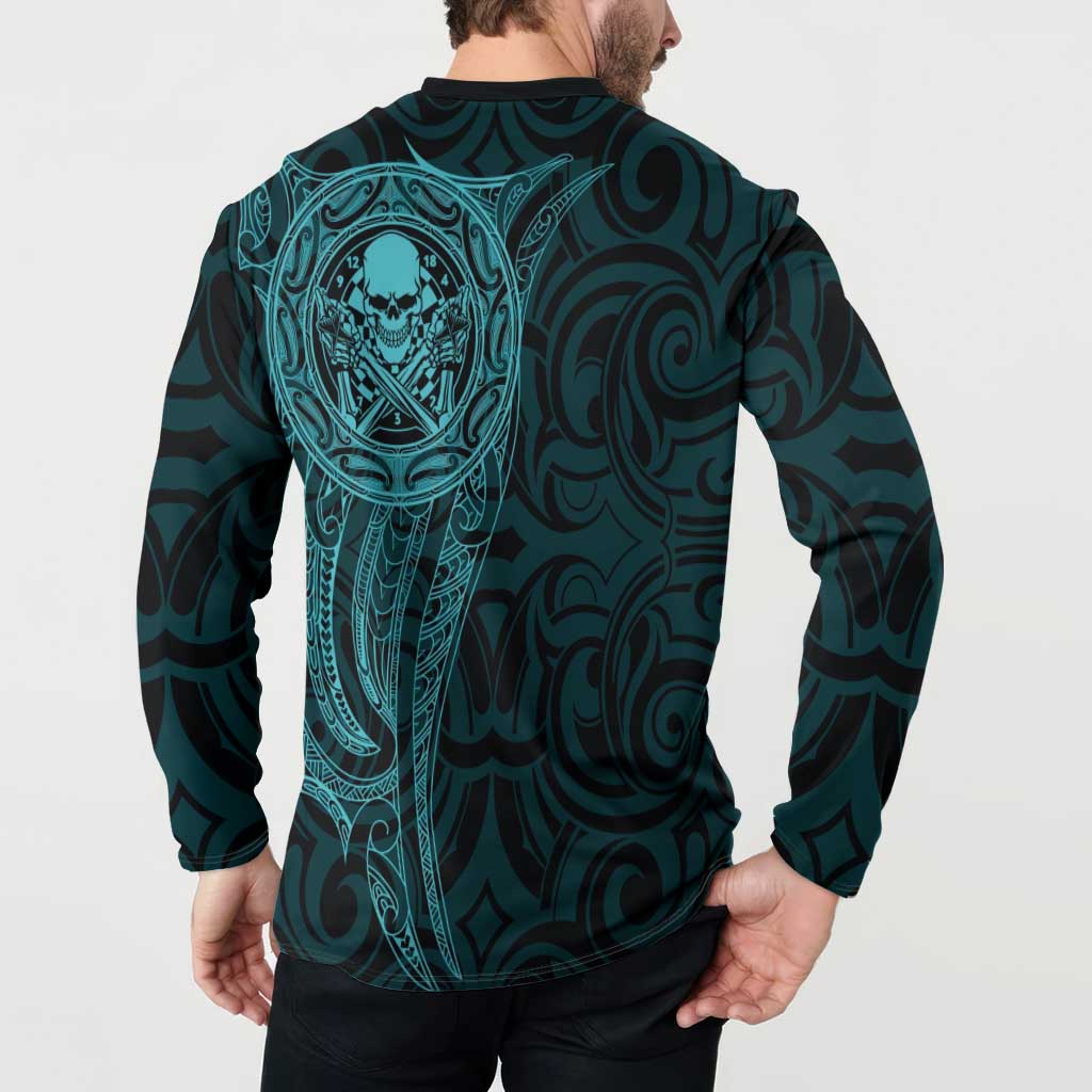 New Zealand Skull Darts Button Sweatshirt Aotearoa Maori Chest Tattoo Stylized Teal - Polynesian Pride