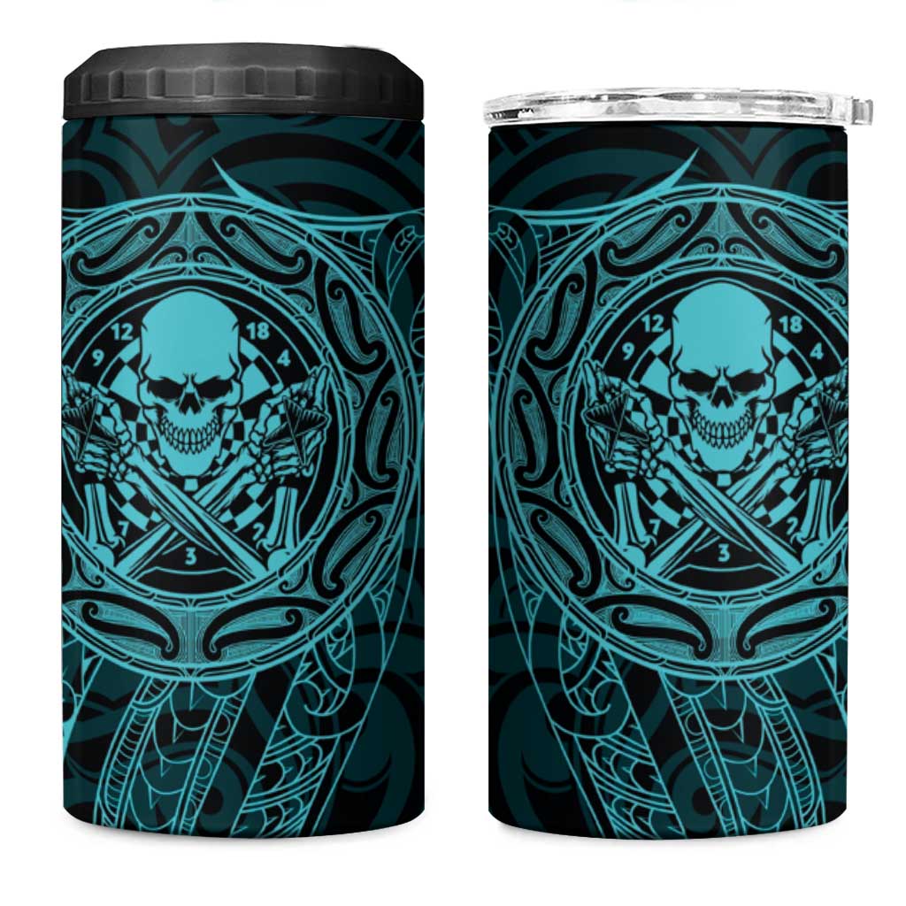 New Zealand Skull Darts 4 in 1 Can Cooler Tumbler Aotearoa Maori Chest Tattoo Stylized Teal - Polynesian Pride
