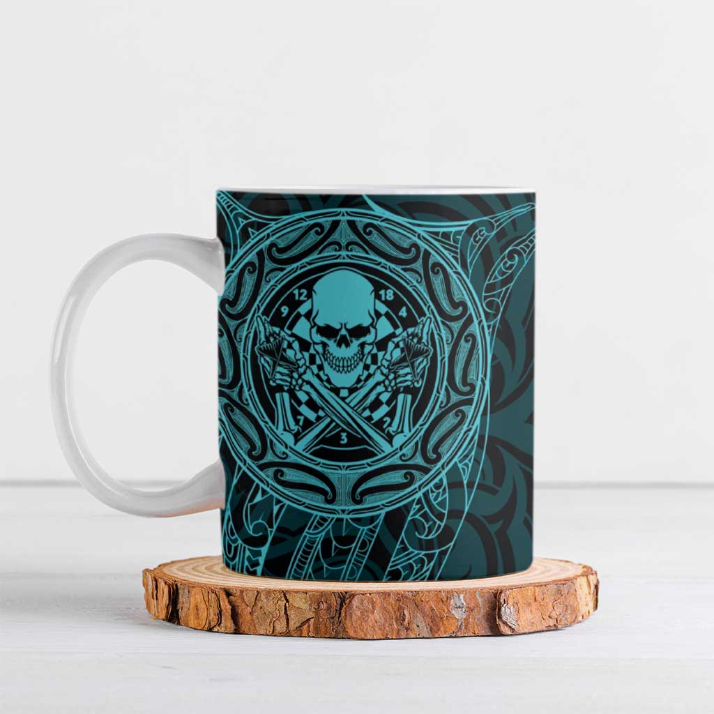 New Zealand Skull Darts Ceramic Mug Aotearoa Maori Chest Tattoo Stylized Teal - Polynesian Pride