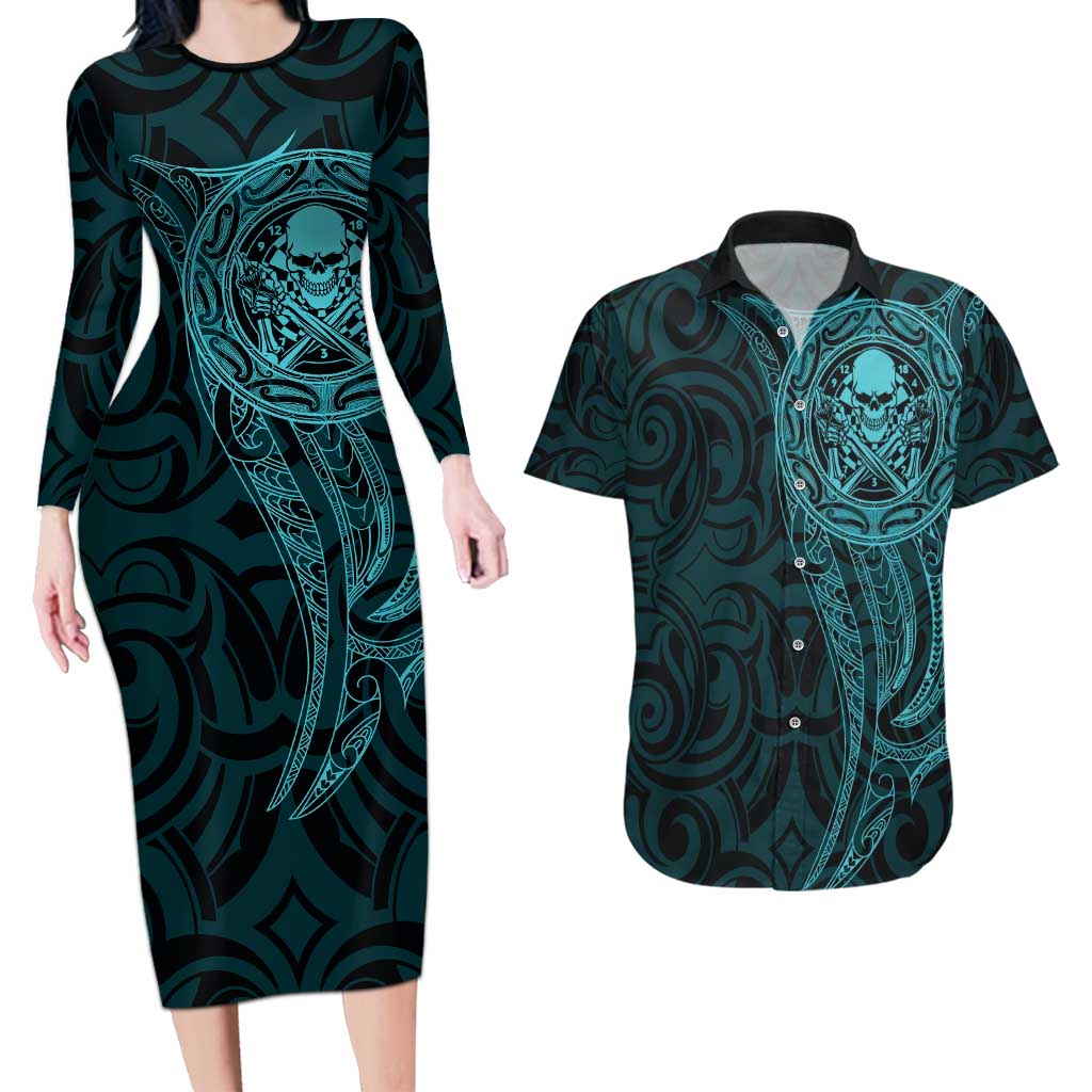New Zealand Skull Darts Couples Matching Long Sleeve Bodycon Dress and Hawaiian Shirt Aotearoa Maori Chest Tattoo Stylized Teal - Polynesian Pride