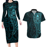 New Zealand Skull Darts Couples Matching Long Sleeve Bodycon Dress and Hawaiian Shirt Aotearoa Maori Chest Tattoo Stylized Teal - Polynesian Pride