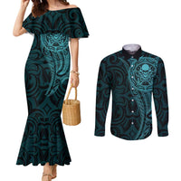 New Zealand Skull Darts Couples Matching Mermaid Dress and Long Sleeve Button Shirt Aotearoa Maori Chest Tattoo Stylized Teal - Polynesian Pride