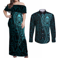 New Zealand Skull Darts Couples Matching Off Shoulder Maxi Dress and Long Sleeve Button Shirt Aotearoa Maori Chest Tattoo Stylized Teal - Polynesian Pride