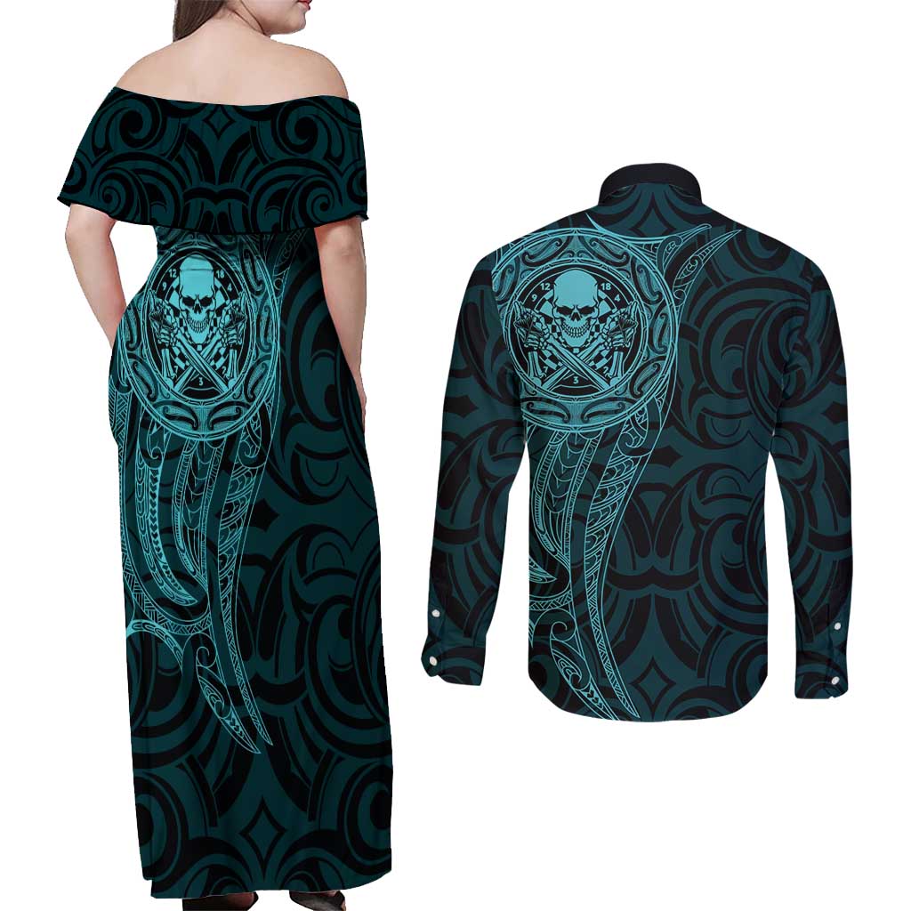 New Zealand Skull Darts Couples Matching Off Shoulder Maxi Dress and Long Sleeve Button Shirt Aotearoa Maori Chest Tattoo Stylized Teal - Polynesian Pride