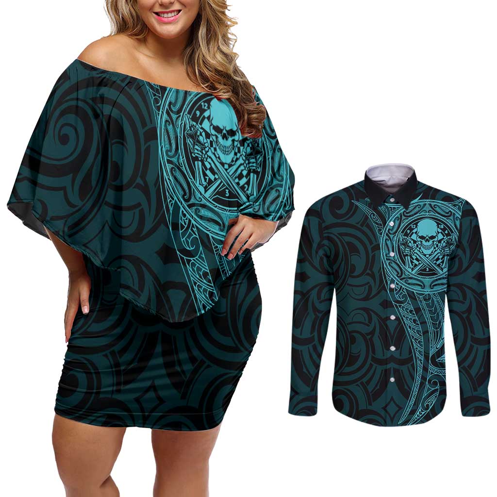 New Zealand Skull Darts Couples Matching Off Shoulder Short Dress and Long Sleeve Button Shirt Aotearoa Maori Chest Tattoo Stylized Teal - Polynesian Pride