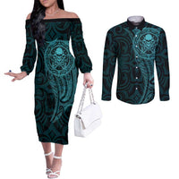 New Zealand Skull Darts Couples Matching Off The Shoulder Long Sleeve Dress and Long Sleeve Button Shirt Aotearoa Maori Chest Tattoo Stylized Teal - Polynesian Pride