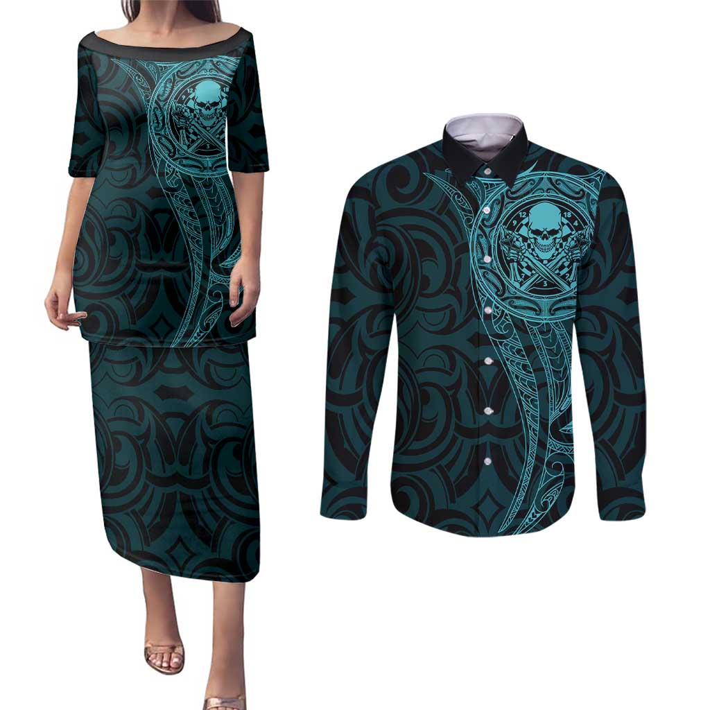 New Zealand Skull Darts Couples Matching Puletasi and Long Sleeve Button Shirt Aotearoa Maori Chest Tattoo Stylized Teal - Polynesian Pride