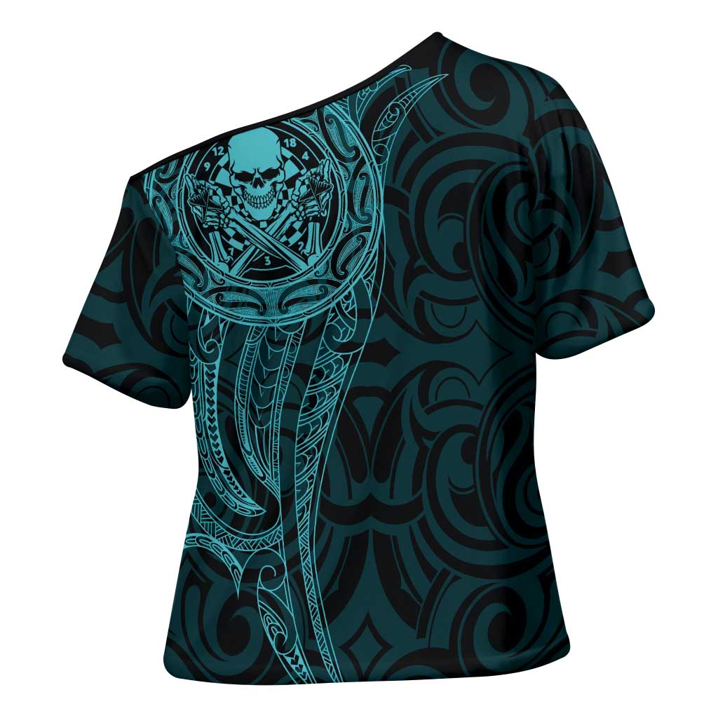 New Zealand Skull Darts Cross Shoulder Shirt Aotearoa Maori Chest Tattoo Stylized Teal - Polynesian Pride