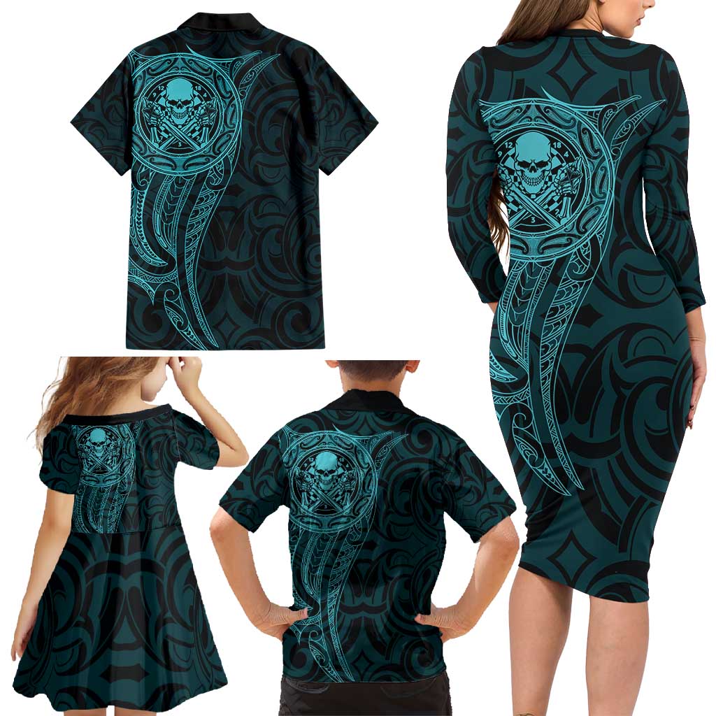 New Zealand Skull Darts Family Matching Long Sleeve Bodycon Dress and Hawaiian Shirt Aotearoa Maori Chest Tattoo Stylized Teal - Polynesian Pride