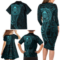 New Zealand Skull Darts Family Matching Long Sleeve Bodycon Dress and Hawaiian Shirt Aotearoa Maori Chest Tattoo Stylized Teal - Polynesian Pride