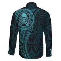 New Zealand Skull Darts Family Matching Long Sleeve Bodycon Dress and Hawaiian Shirt Aotearoa Maori Chest Tattoo Stylized Teal - Polynesian Pride