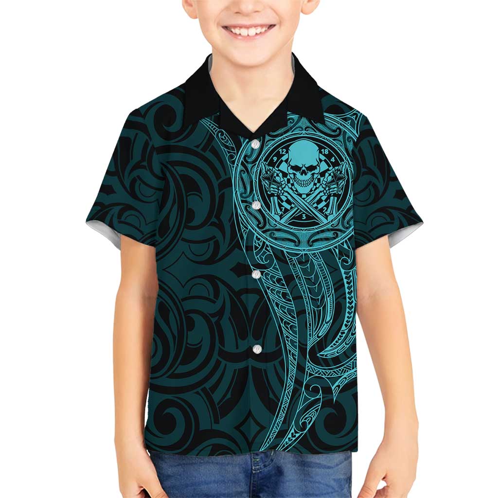 New Zealand Skull Darts Family Matching Long Sleeve Bodycon Dress and Hawaiian Shirt Aotearoa Maori Chest Tattoo Stylized Teal - Polynesian Pride