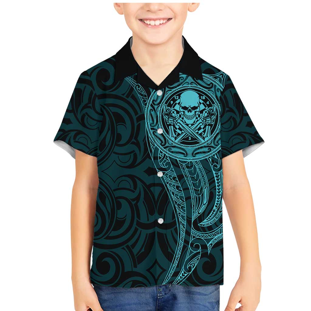 New Zealand Skull Darts Family Matching Mermaid Dress and Hawaiian Shirt Aotearoa Maori Chest Tattoo Stylized Teal - Polynesian Pride