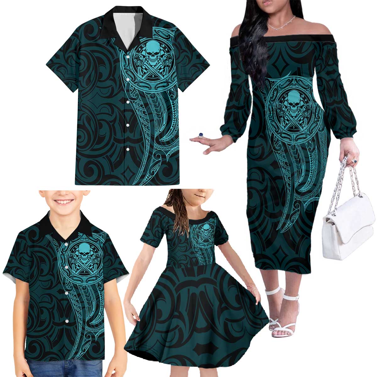 New Zealand Skull Darts Family Matching Off The Shoulder Long Sleeve Dress and Hawaiian Shirt Aotearoa Maori Chest Tattoo Stylized Teal - Polynesian Pride