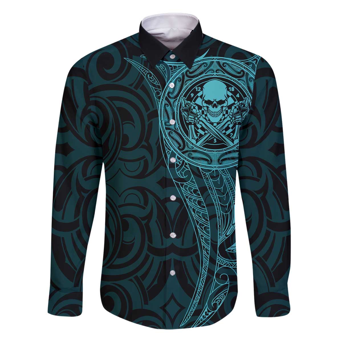 New Zealand Skull Darts Family Matching Off The Shoulder Long Sleeve Dress and Hawaiian Shirt Aotearoa Maori Chest Tattoo Stylized Teal - Polynesian Pride