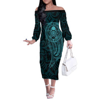 New Zealand Skull Darts Family Matching Off The Shoulder Long Sleeve Dress and Hawaiian Shirt Aotearoa Maori Chest Tattoo Stylized Teal - Polynesian Pride