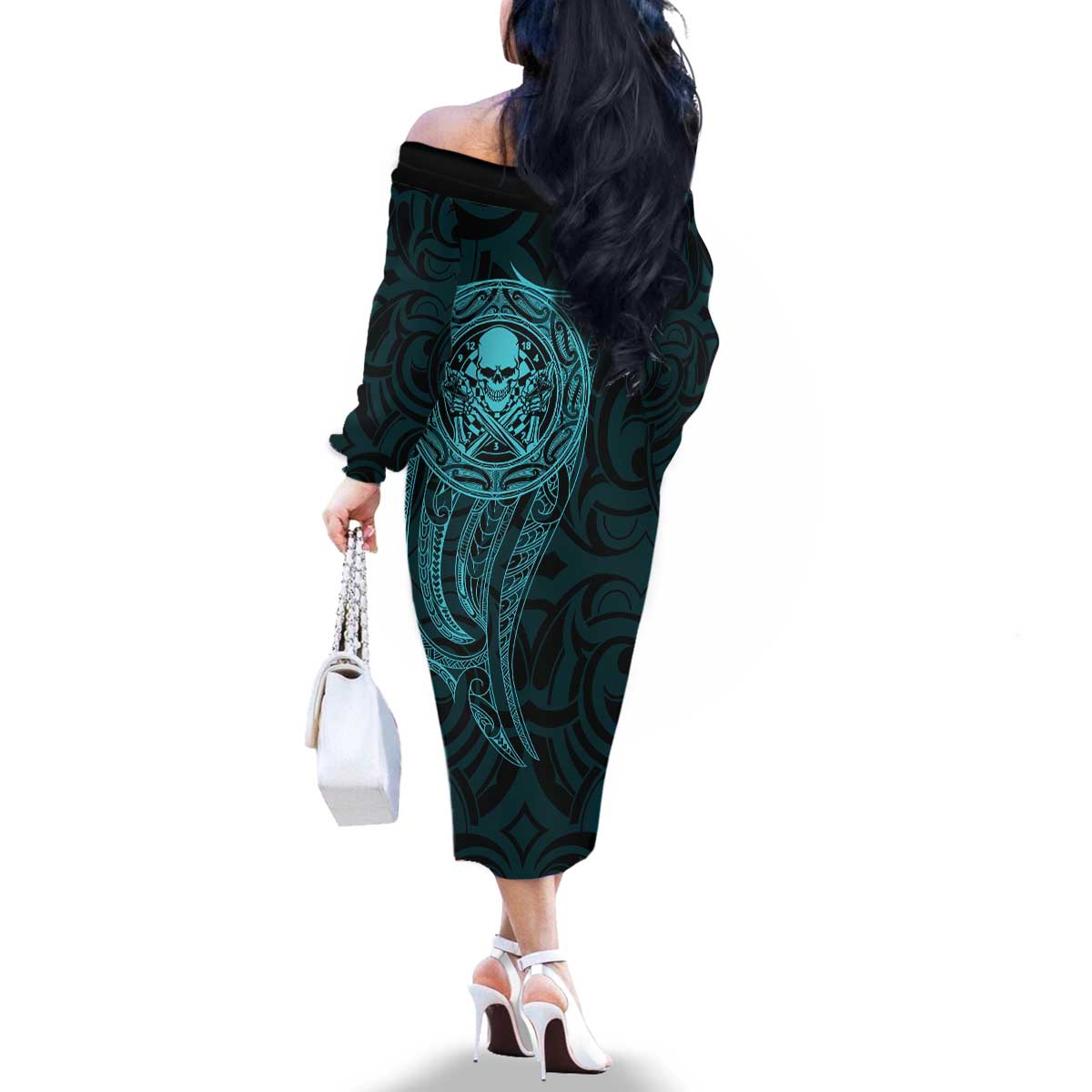 New Zealand Skull Darts Family Matching Off The Shoulder Long Sleeve Dress and Hawaiian Shirt Aotearoa Maori Chest Tattoo Stylized Teal - Polynesian Pride
