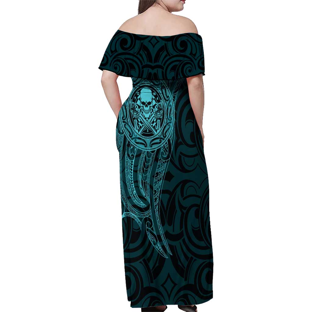 New Zealand Skull Darts Family Matching Off Shoulder Maxi Dress and Hawaiian Shirt Aotearoa Maori Chest Tattoo Stylized Teal - Polynesian Pride