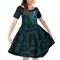 New Zealand Skull Darts Family Matching Off Shoulder Short Dress and Hawaiian Shirt Aotearoa Maori Chest Tattoo Stylized Teal - Polynesian Pride