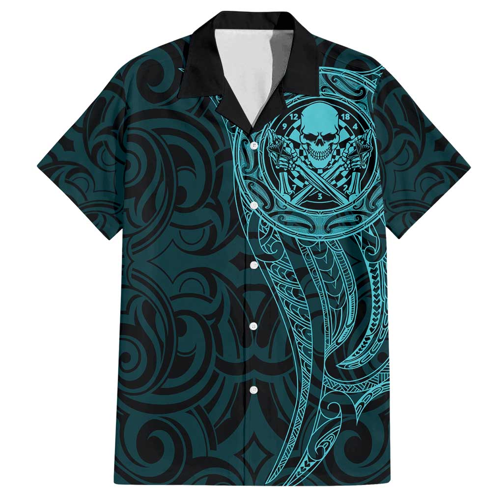 New Zealand Skull Darts Family Matching Off Shoulder Short Dress and Hawaiian Shirt Aotearoa Maori Chest Tattoo Stylized Teal - Polynesian Pride