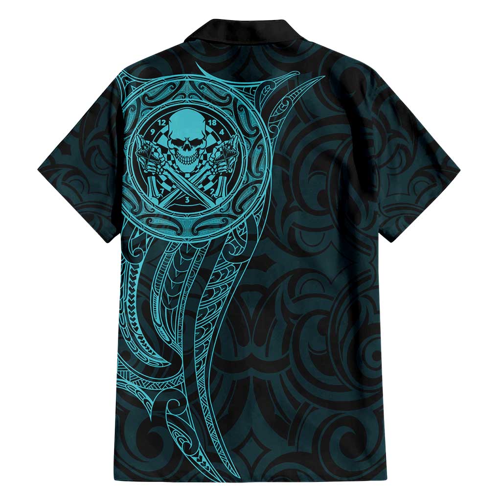 New Zealand Skull Darts Family Matching Puletasi and Hawaiian Shirt Aotearoa Maori Chest Tattoo Stylized Teal - Polynesian Pride
