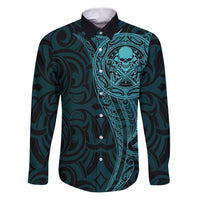 New Zealand Skull Darts Family Matching Puletasi and Hawaiian Shirt Aotearoa Maori Chest Tattoo Stylized Teal - Polynesian Pride