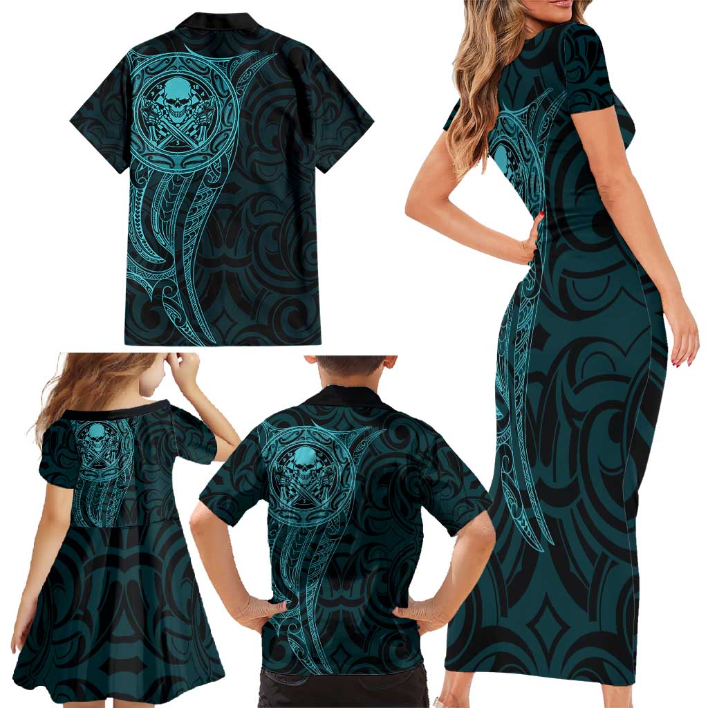 New Zealand Skull Darts Family Matching Short Sleeve Bodycon Dress and Hawaiian Shirt Aotearoa Maori Chest Tattoo Stylized Teal - Polynesian Pride