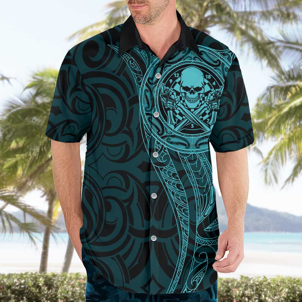 New Zealand Skull Darts Hawaiian Shirt Aotearoa Maori Chest Tattoo Stylized Teal - Polynesian Pride